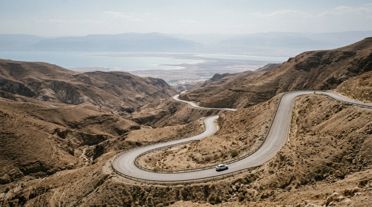 The road down from the Jordanian highlands on a Dead Sea day trip from Amman