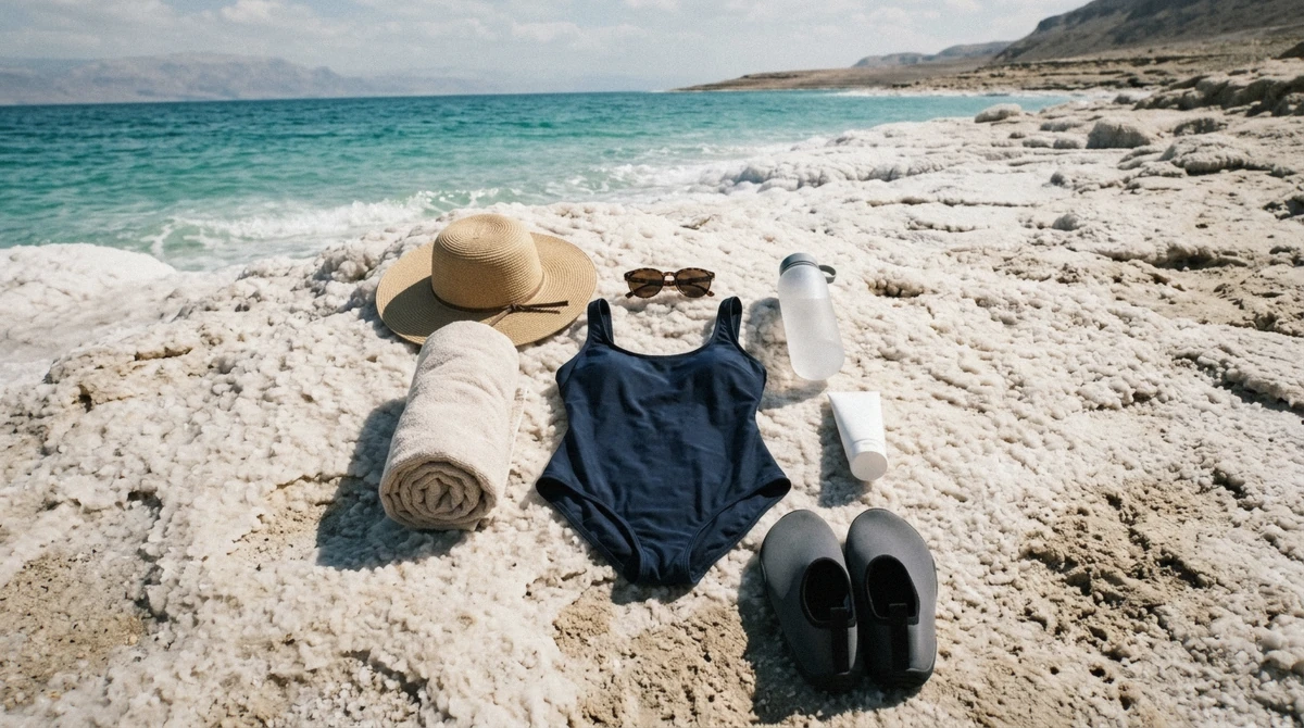 Water shoes, a dark swimsuit, a towel, a hat and sunscreen on a salt-crusted shore, what to bring to the Dead Sea