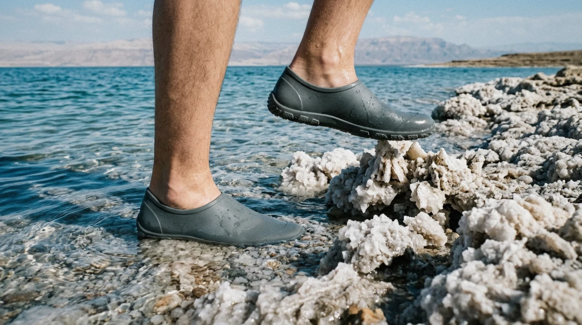 Water shoes stepping over sharp salt crystals into the Dead Sea, the first thing to bring to the Dead Sea