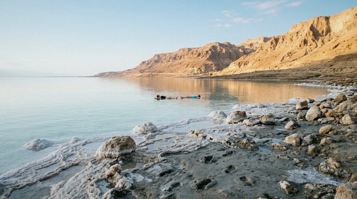 Two people floating off a salt-crusted shore on a spring morning, the best time to visit the Dead Sea