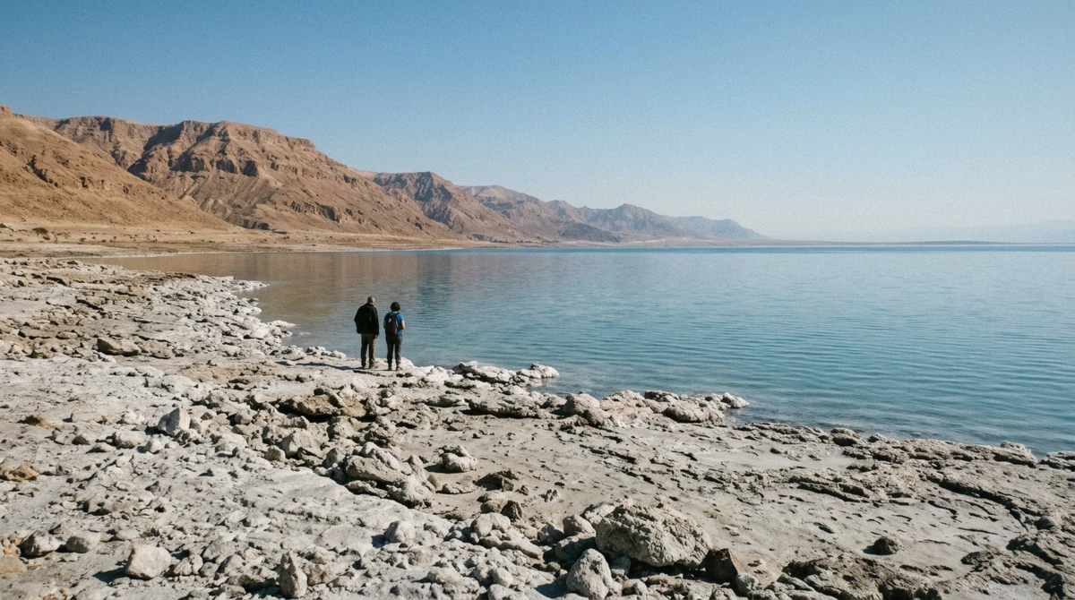 The Dead Sea from the Jordanian shore toward the mountains of the western shore, the Israel or Jordan question in one view