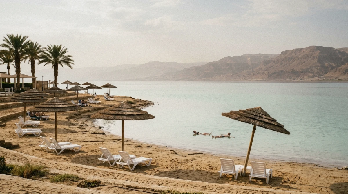 Loungers and umbrellas at a resort on a Dead Sea resort day from Amman