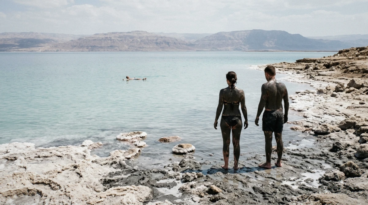 Bathers coated in mud on a bright day at the Dead Sea, the sun and heat to plan around