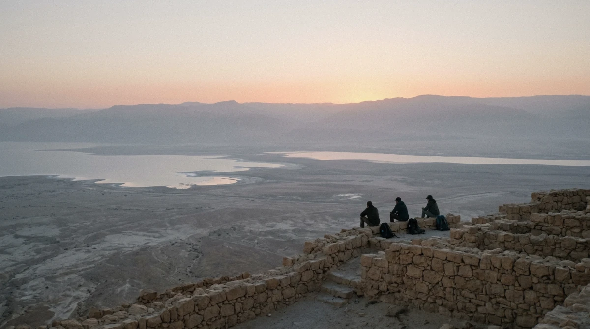 Sunrise over the Dead Sea and the Moab Mountains from Masada on a Masada sunrise tour from Jerusalem