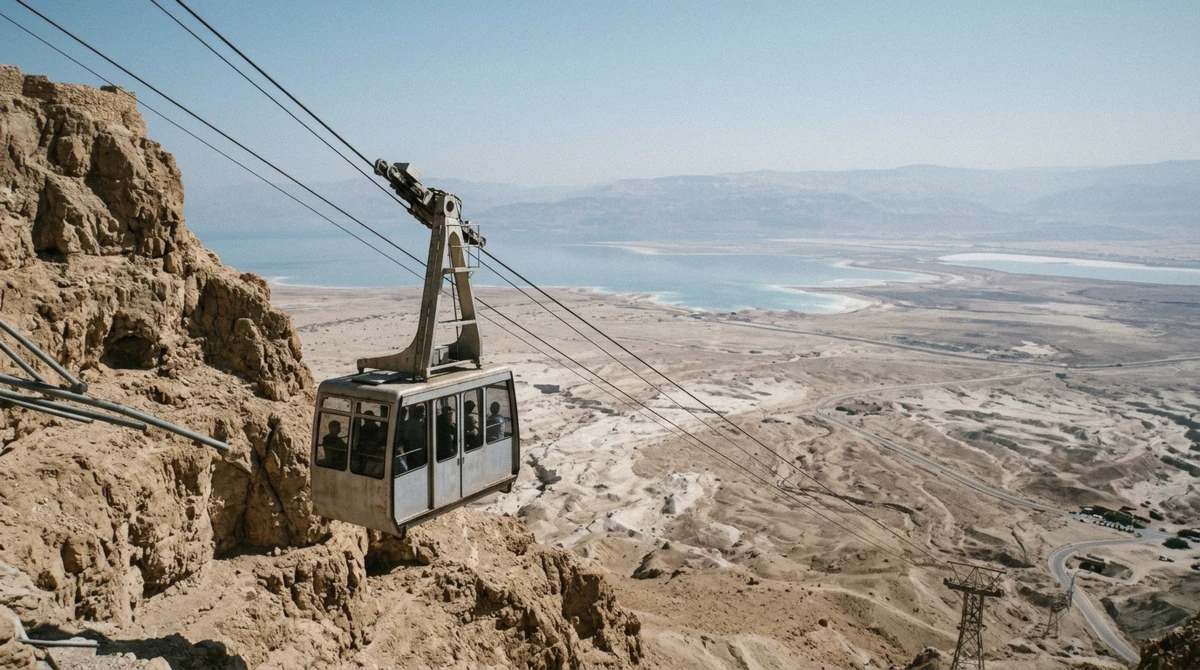 A cable car climbing to Masada above the Dead Sea on a clear morning, the Masada cable car or Snake Path choice