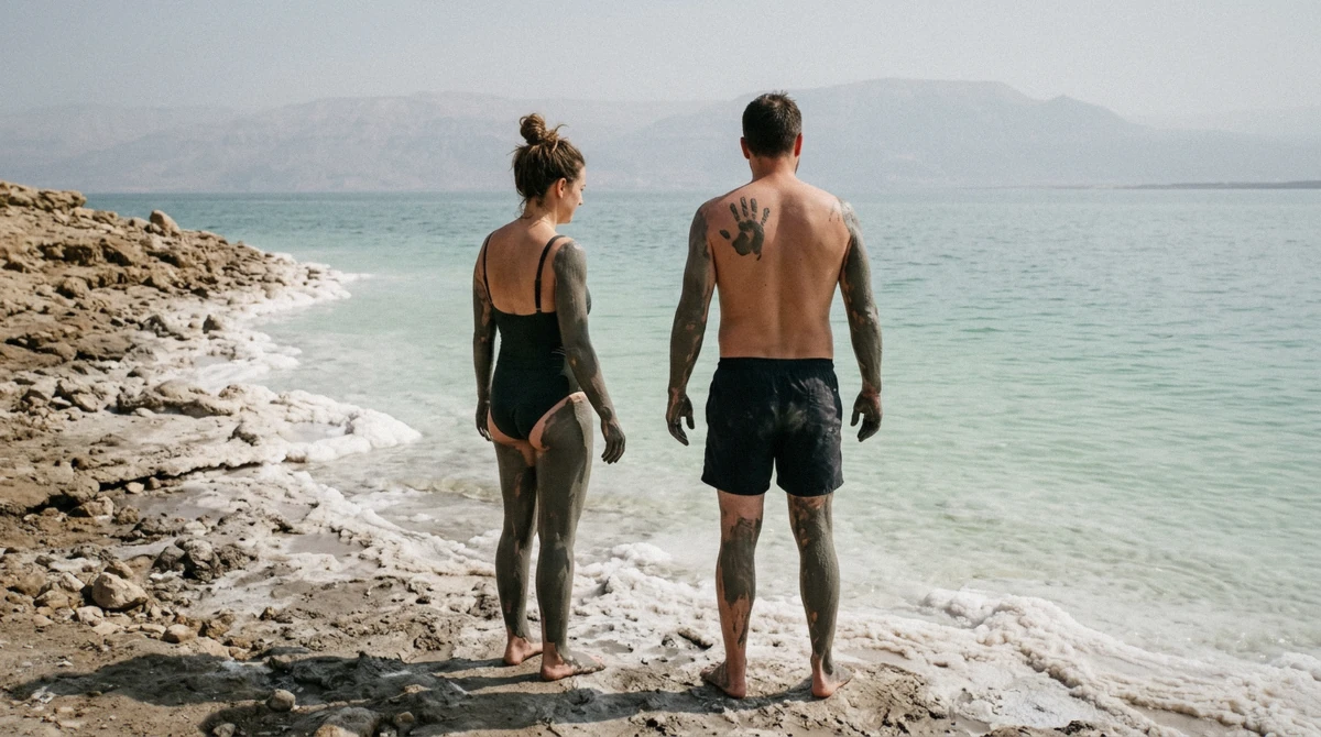 Travellers coated in mineral mud at the Dead Sea on a Masada and Dead Sea tour from Jerusalem