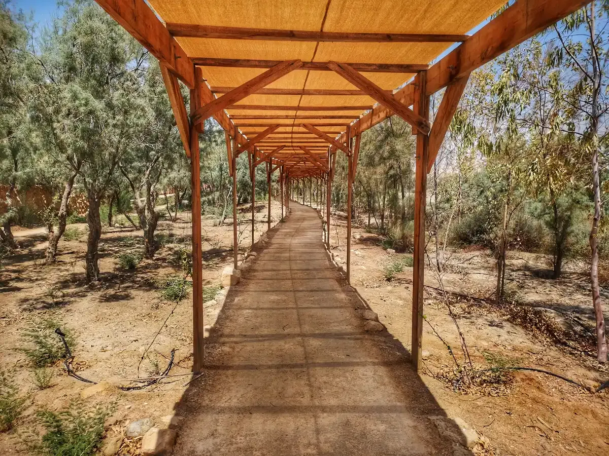 The covered walkway at the Baptism Site on a Madaba, Mount Nebo and Dead Sea tour from Amman
