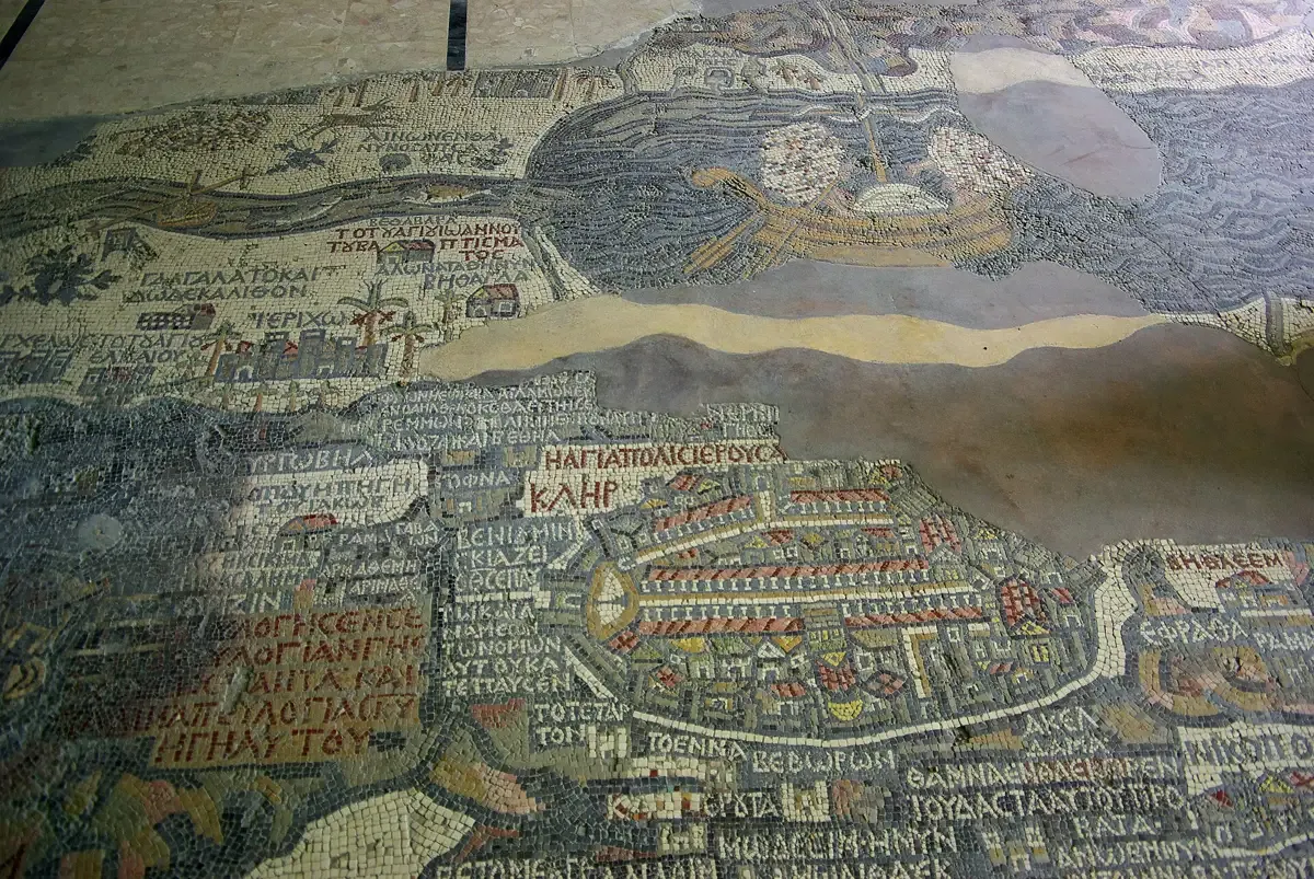 Jerusalem on the Madaba mosaic map, the first stop of a Madaba, Mount Nebo and Dead Sea tour