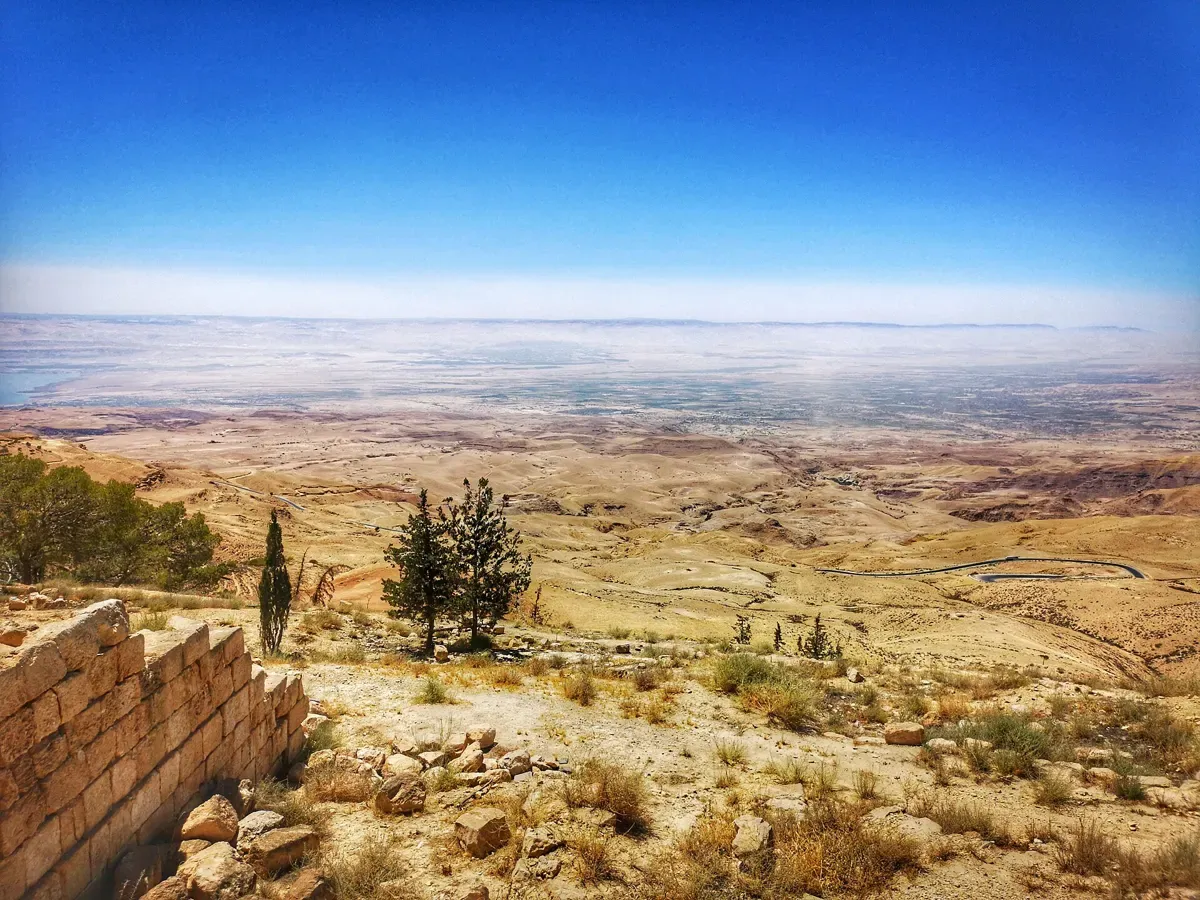 The Jordan Valley and the Dead Sea from Mount Nebo, a stop on Dead Sea tours from Amman