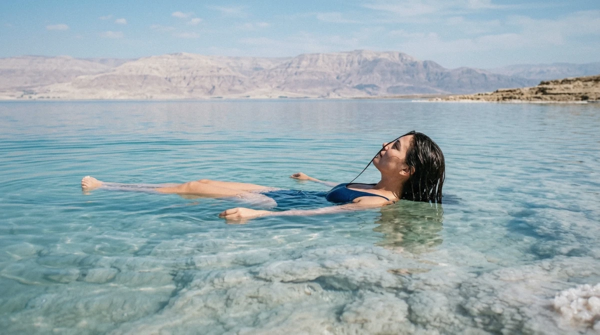 A woman floating on her back in the turquoise Dead Sea on a sunny morning, the reason the Dead Sea is worth visiting